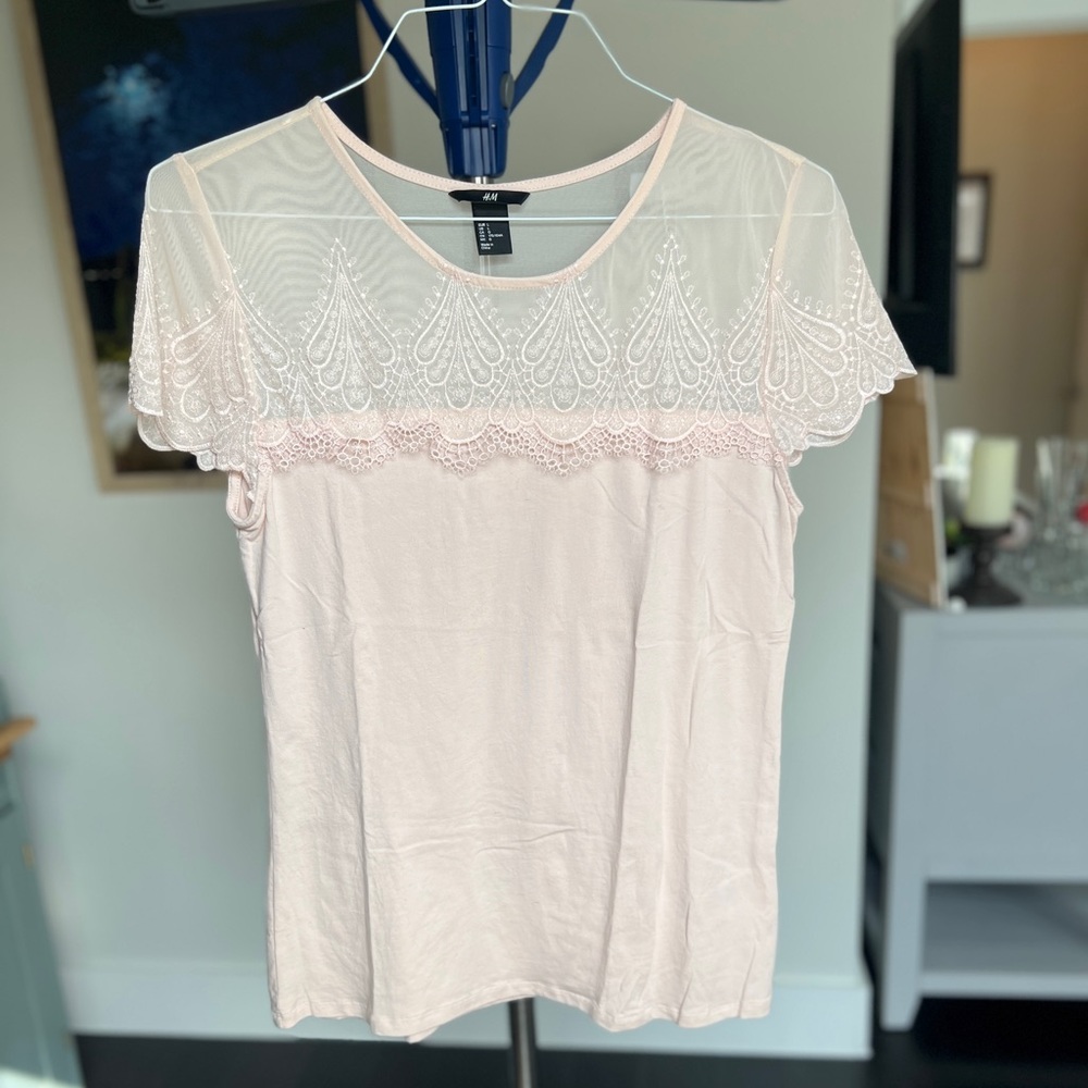 Lace H&M Short Sleeve Top Light Pink